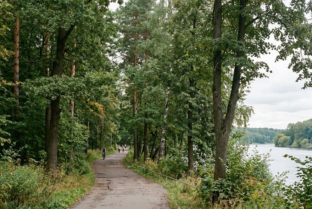 Прогулочная дорожка в зрелом парке у воды — иллюстрация