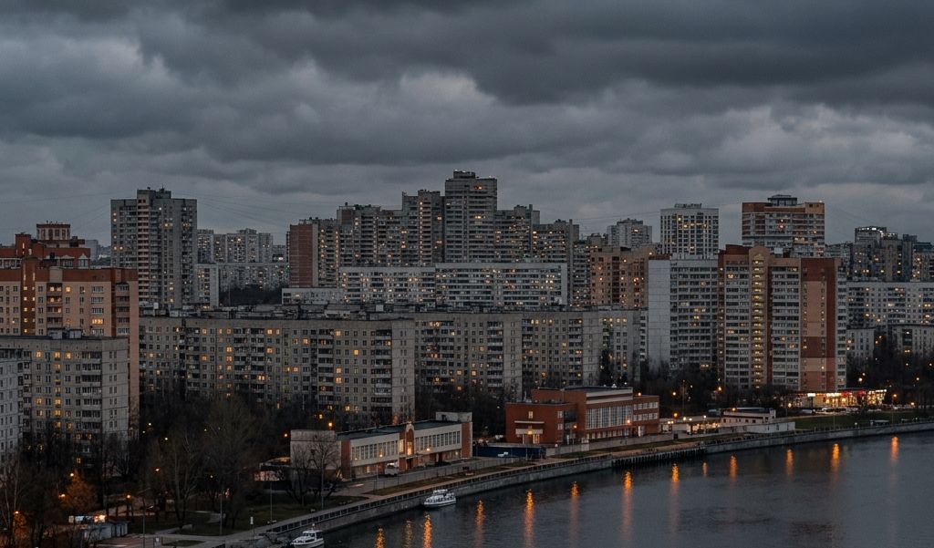 Городской горизонт за широкой водой вечером — иллюстрация
